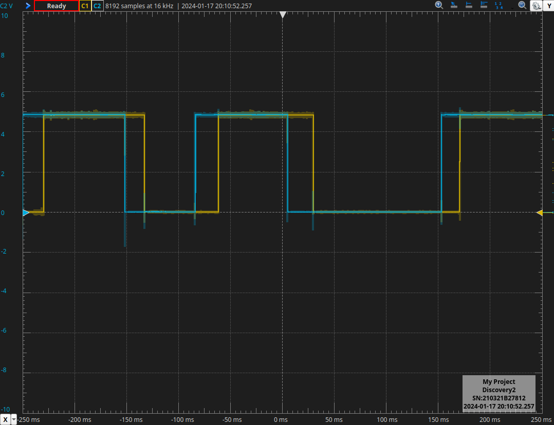 photo of the oscilloscope output of quadrature-encoded signal