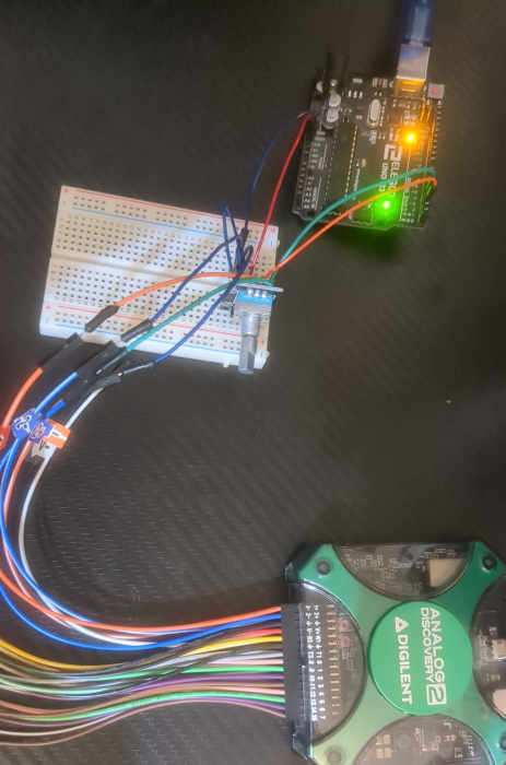 Photo of my setup using Analog Discovery 2 and Arduino uno